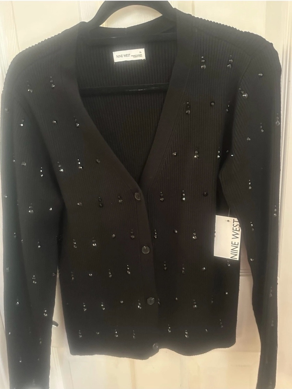 Nine West Black Sequin V-Neck Button Cardigan